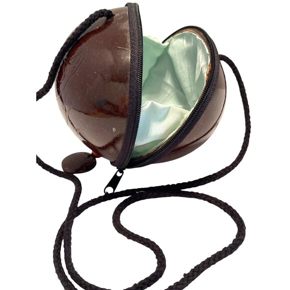 Shoulder Clutch Purse Brown Coconut Shell Carved Fish Zipper Close Lined Vintage - Picture 1 of 10